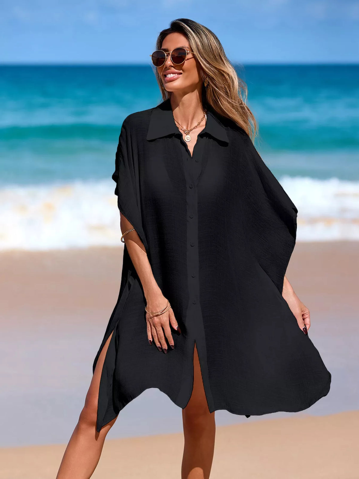 Button up cover up in a light color styled poolside