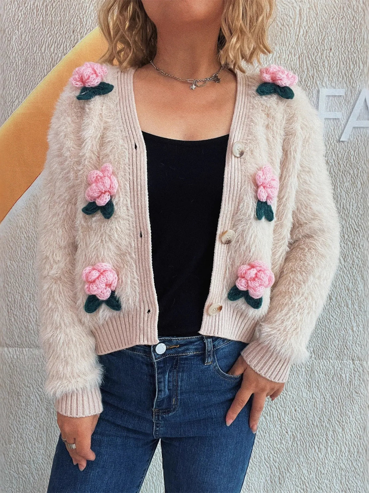 Fuzzy cardigan detail shot