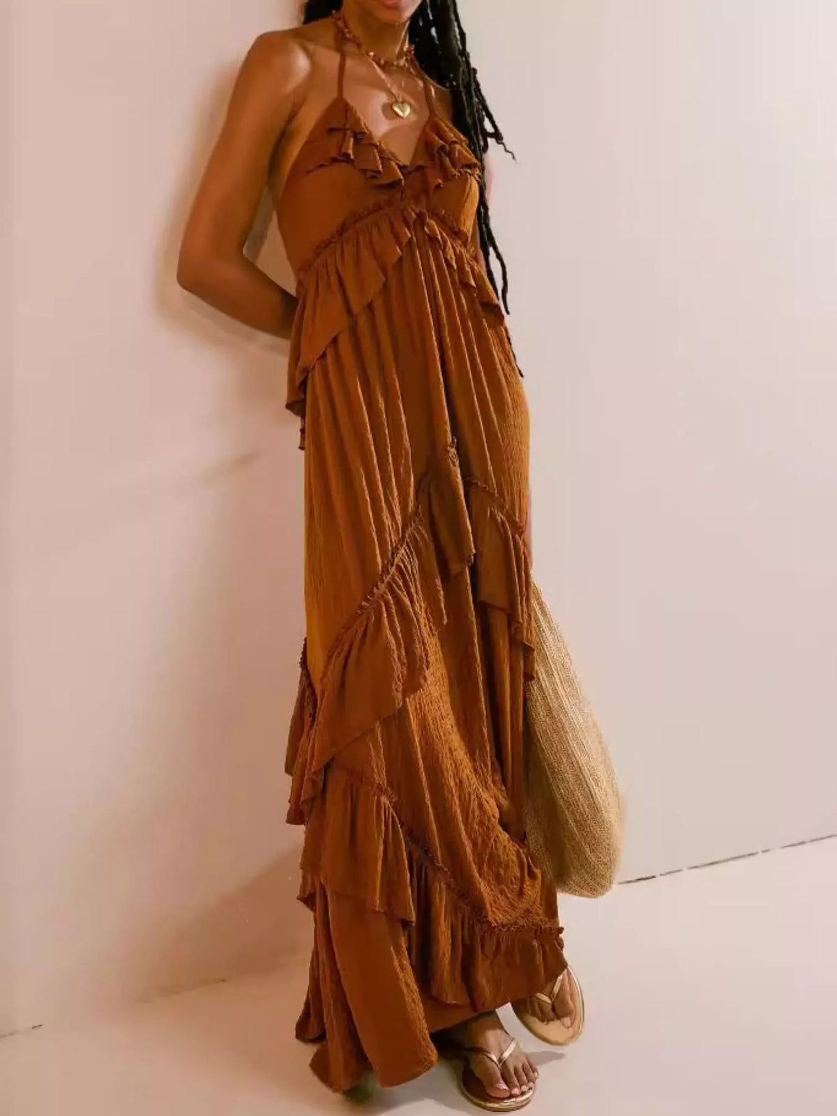 Ruffled tie halter neck maxi dress front view