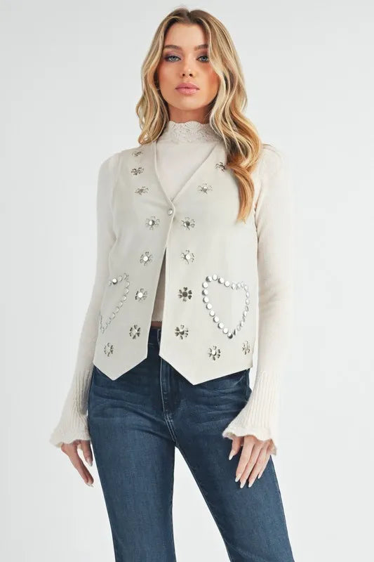 Heart rivet suede vest in white front view