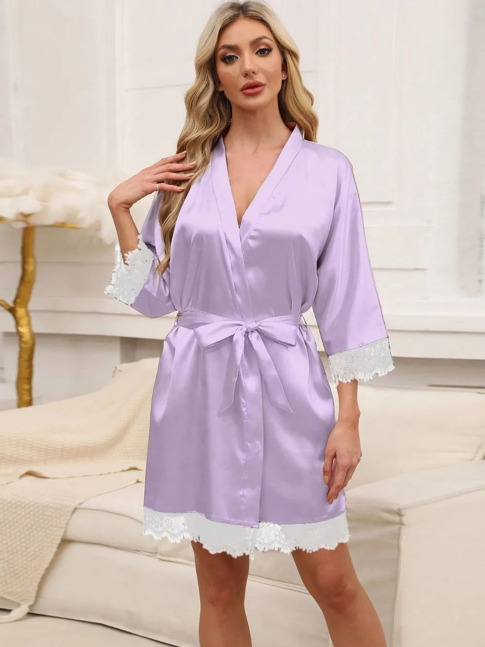 Tied Lace Detail Three-Quarter Sleeve Lounge Nightgown Lilac - Fashorio