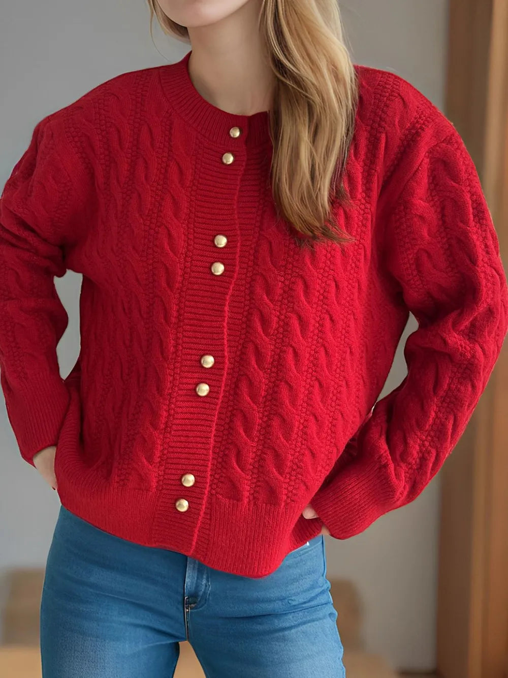 Cable-Knit Round Neck Long Sleeve Cardigan - Fashorio