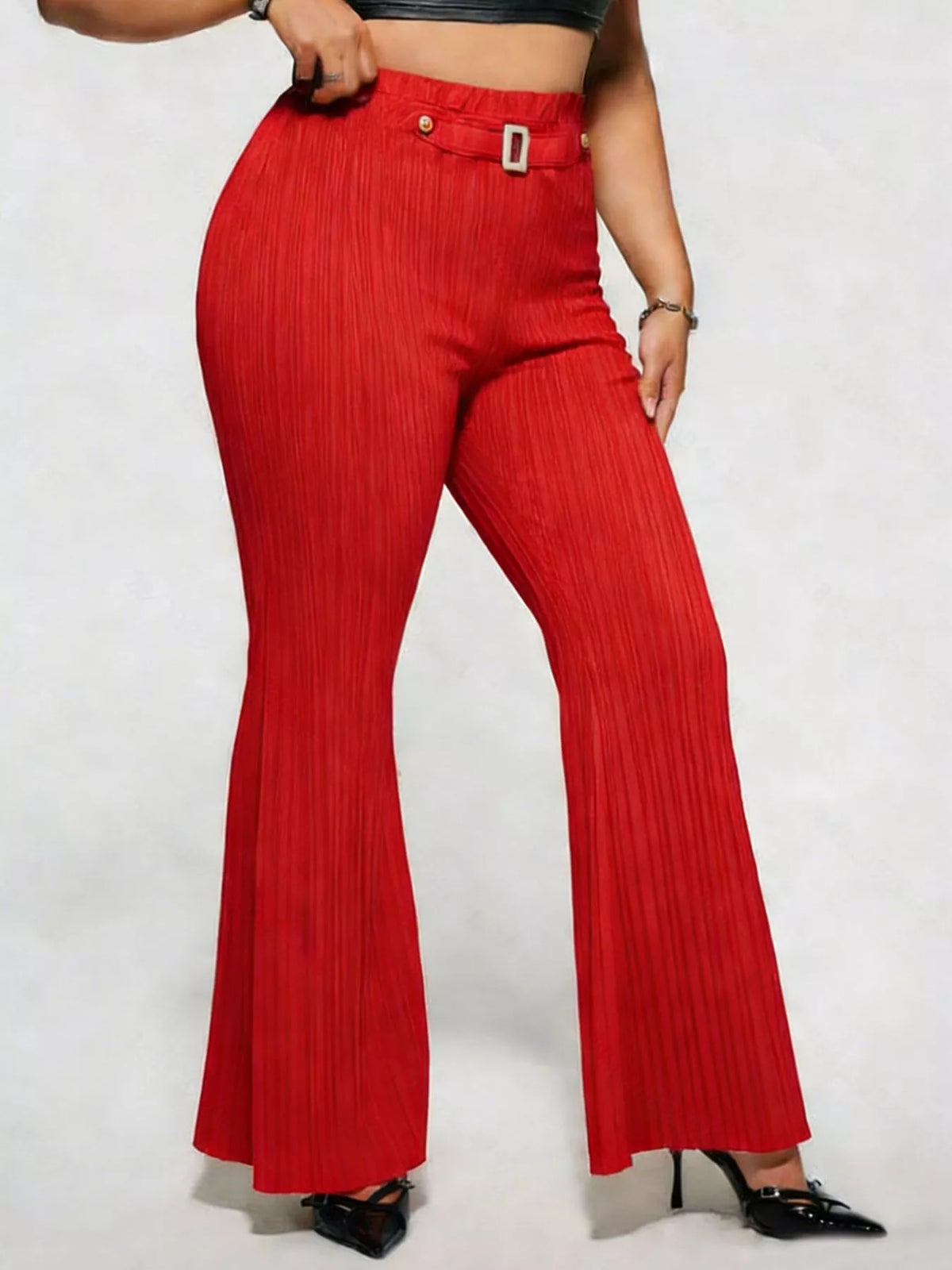 Plus size high waist flare pants, on model