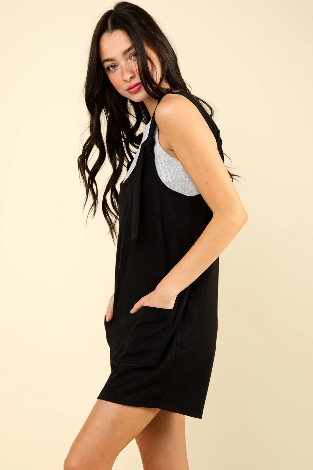 Tie Shoulder Front Pocket Romper side view