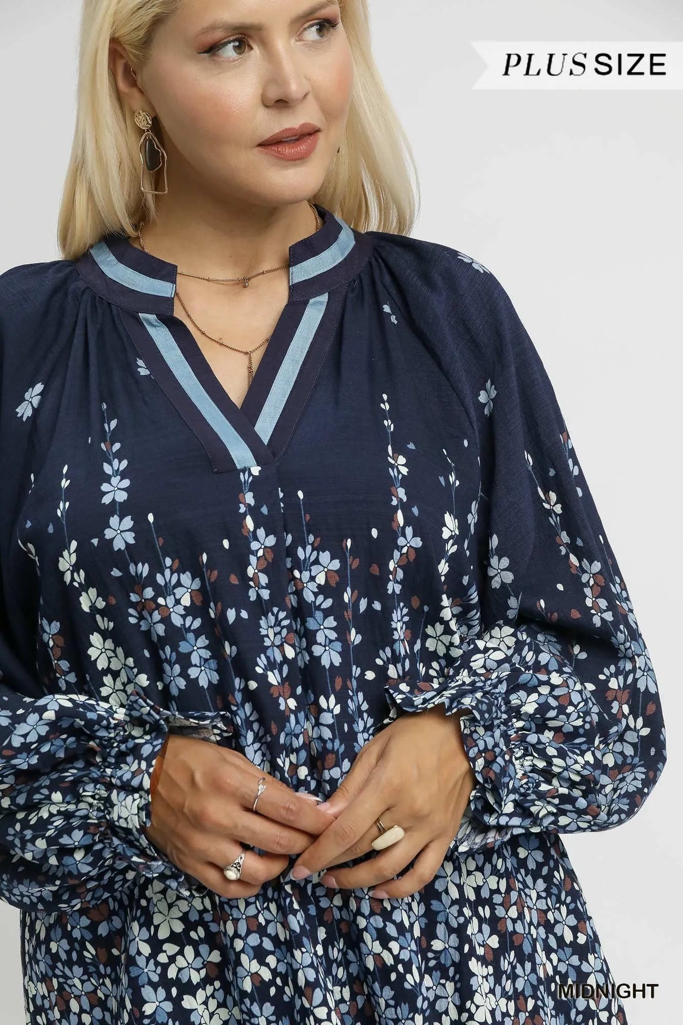 Umgee Full Size Floral Vine Print Blouse with Balloon Sleeves Plus Size - Fashorio