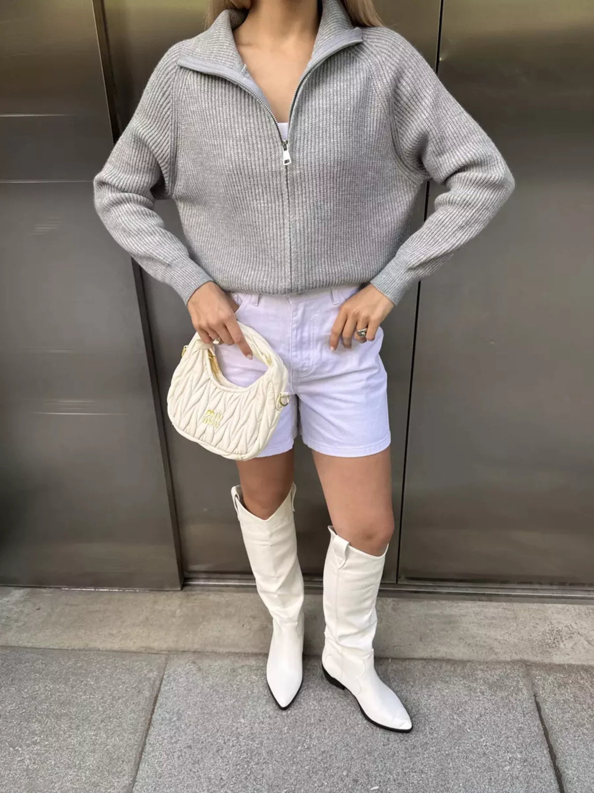 Zip up ribbed knit cardigan full outfit