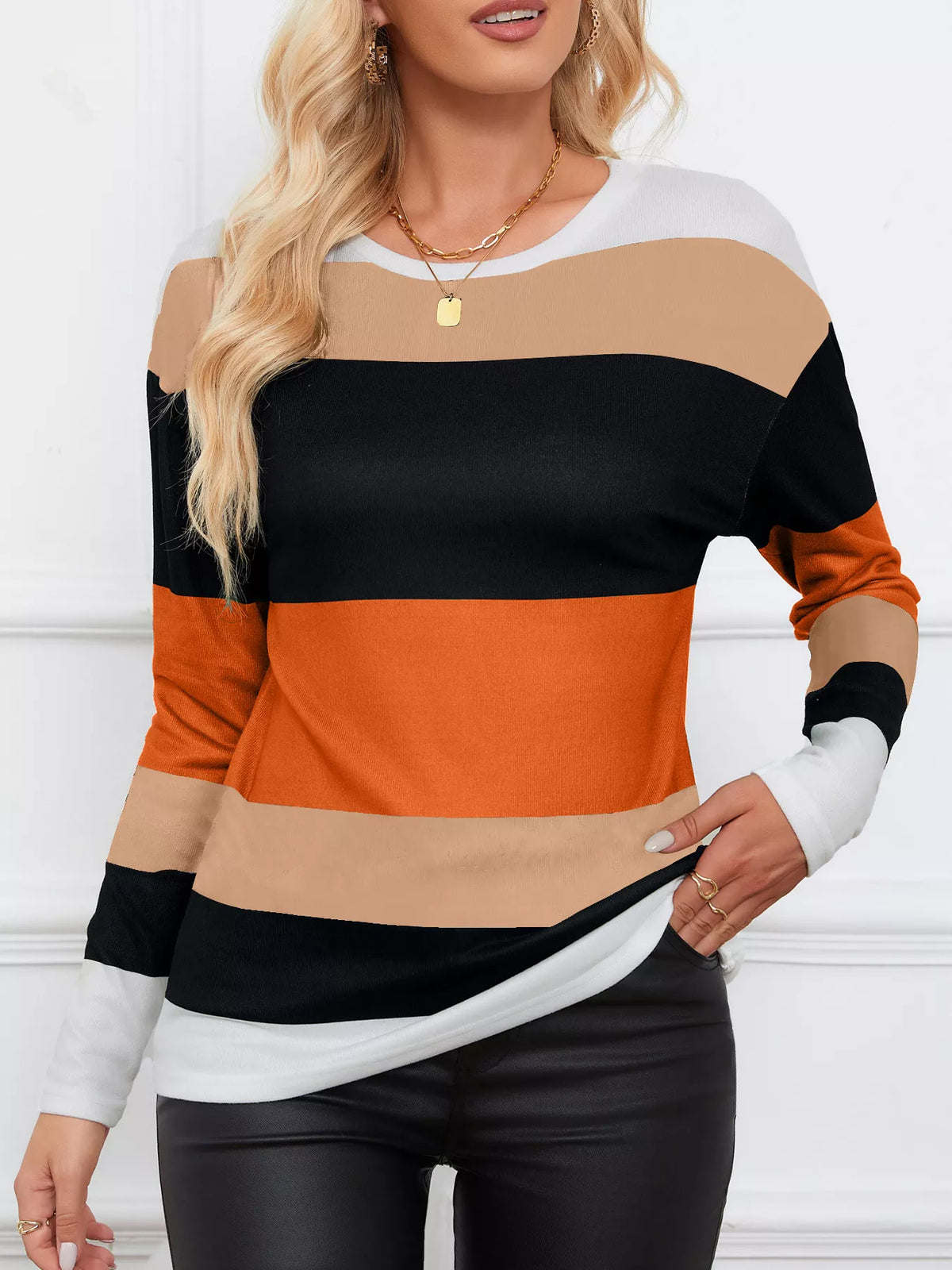 leopard color block striped knit top sleeve detail