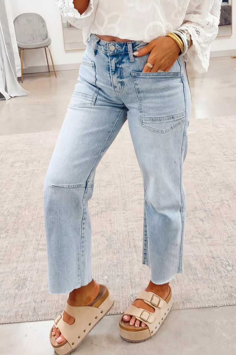 Light wash utility pocket straight leg jeans front view
