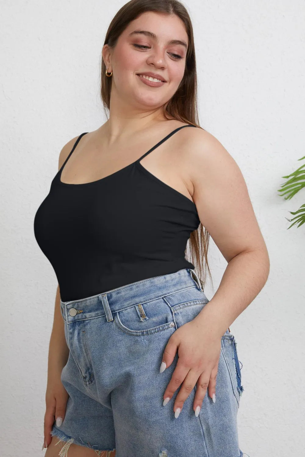 Close up of the round neckline and strap detail