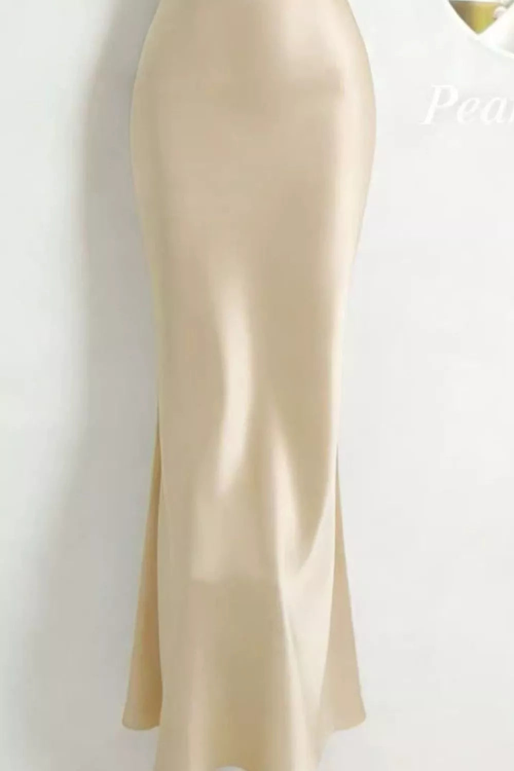 Burgundy satin cowl neck maxi dress with pearl straps front view