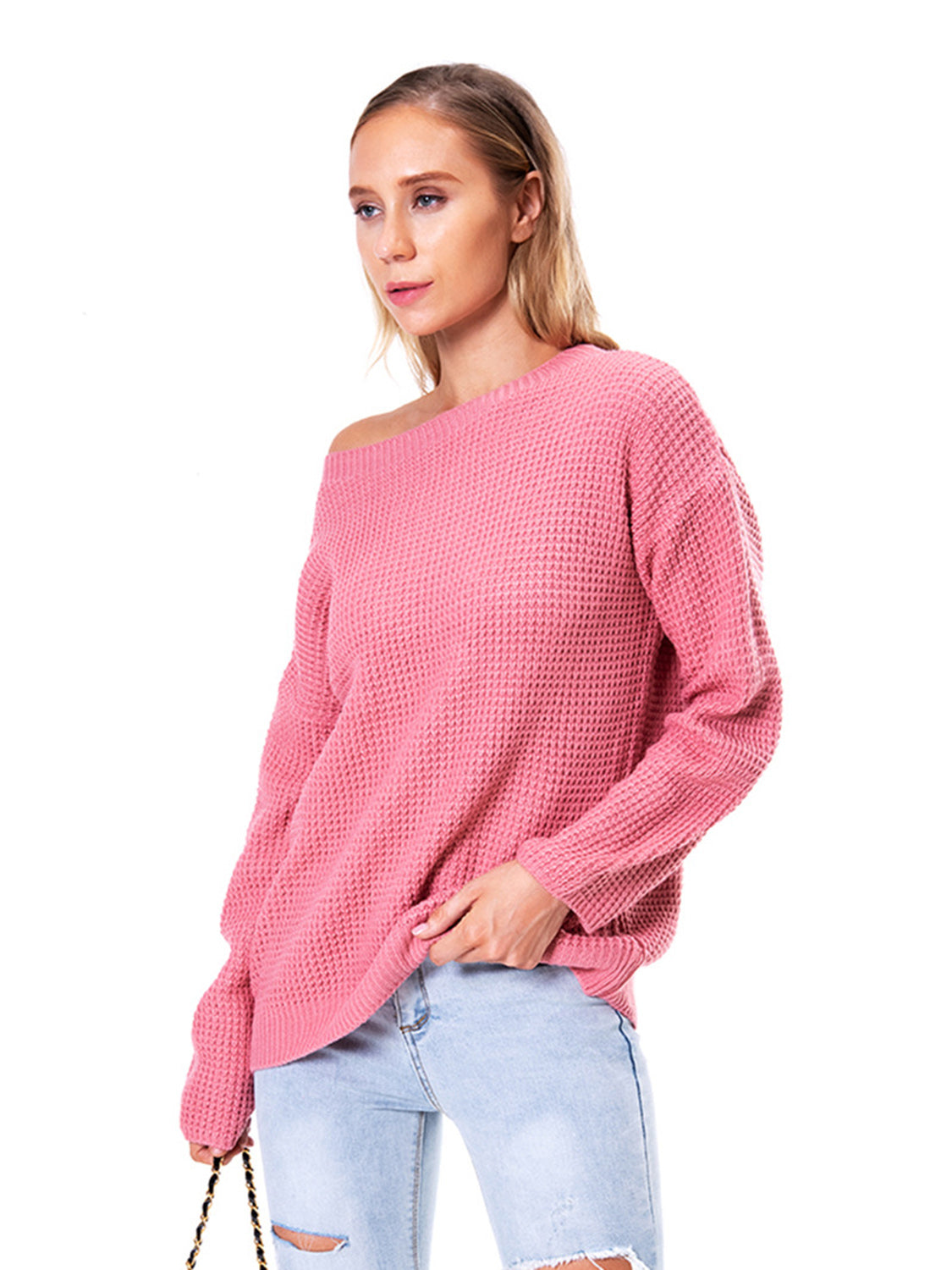 Boat Neck Drop Shoulder Long Sleeve Sweater - Fashorio