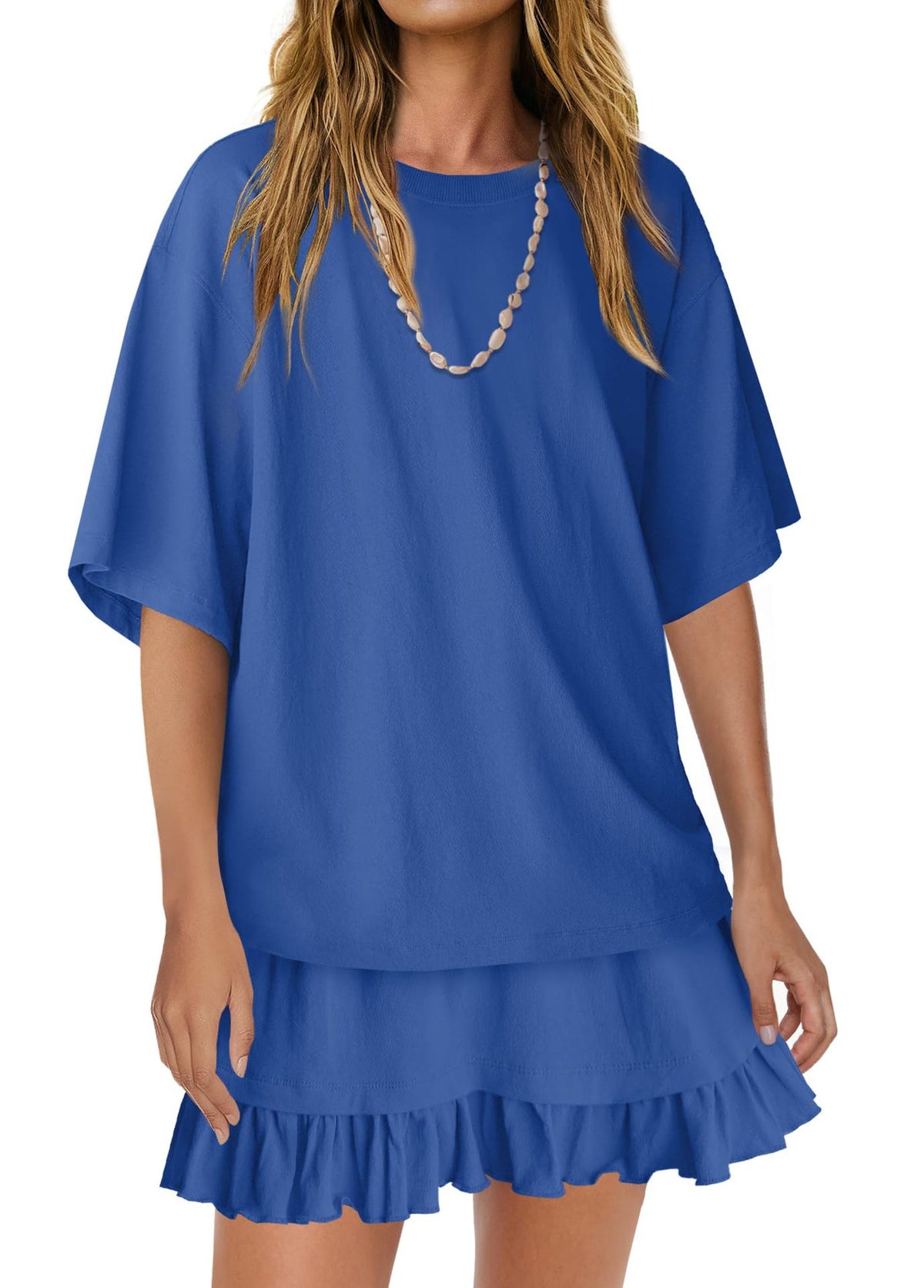 Round neck half sleeve tee and skirt two piece set front view