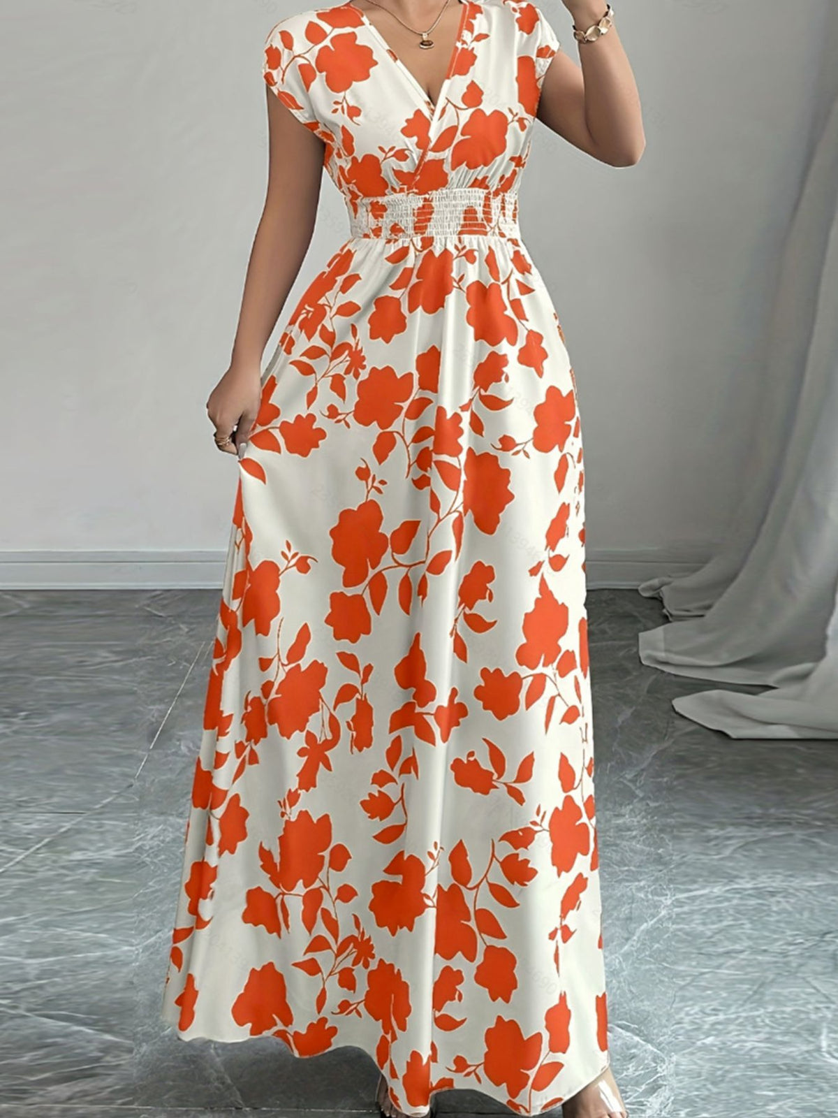 Printed surplice maxi dress cap sleeve detail