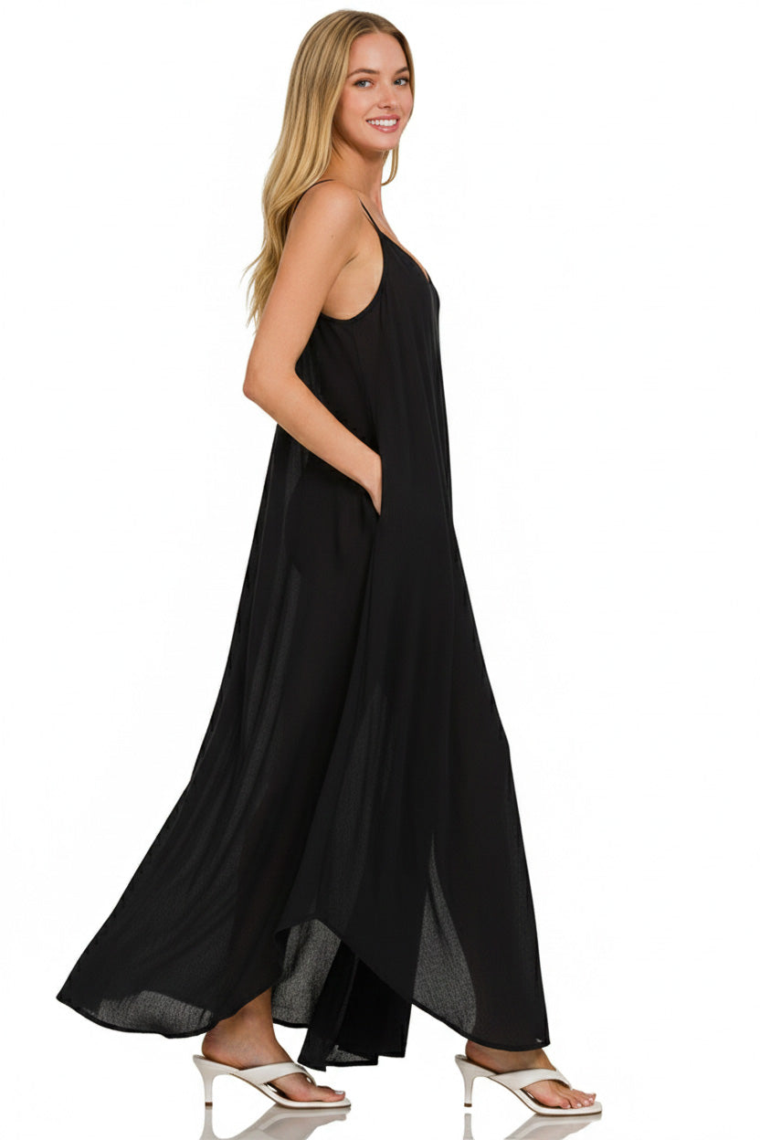 Crinkle Cami Maxi Dress with Pockets in Black side view