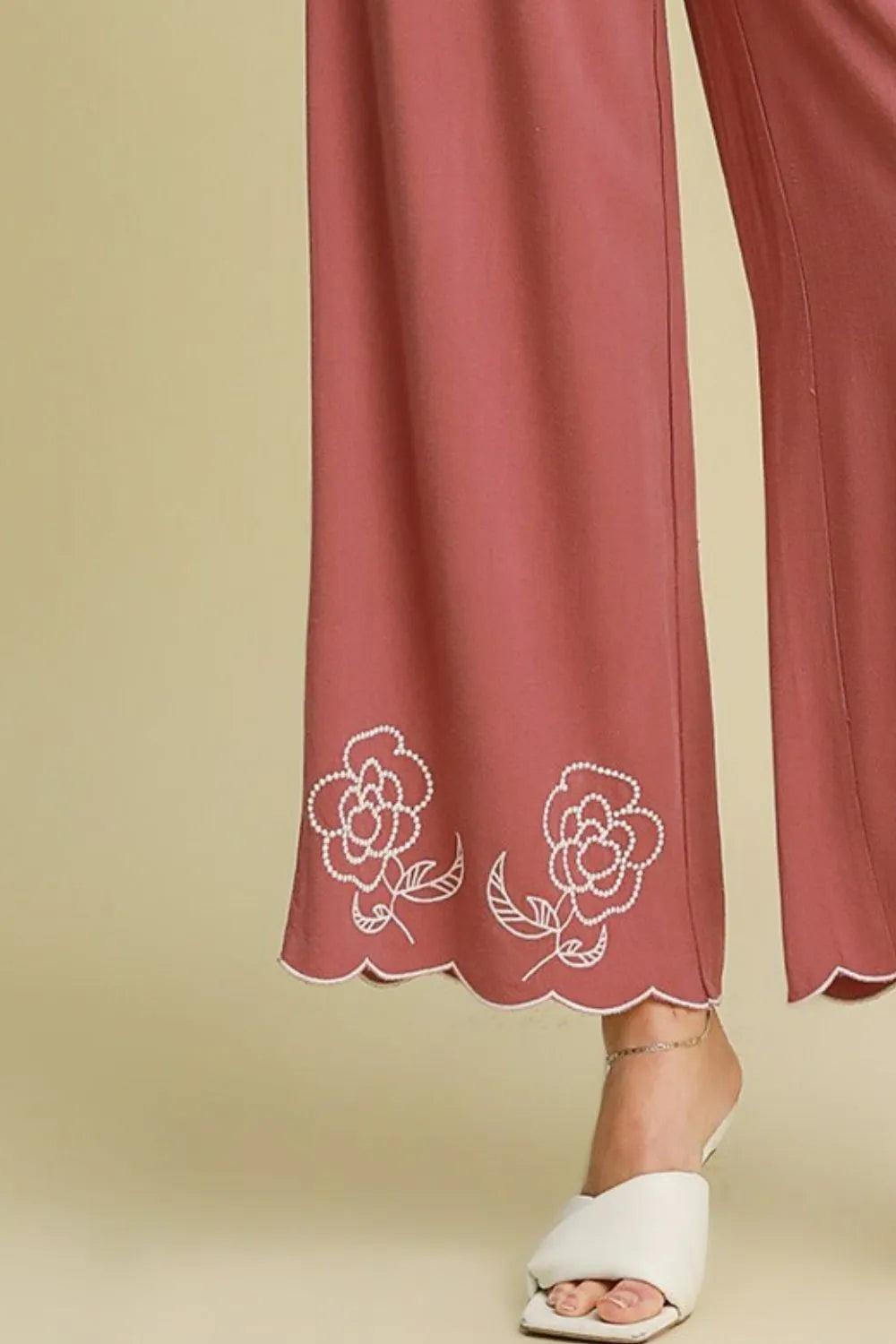 Umgee Full Size Linen Blend Wide Leg Pants with Scalloped Hemline Plus Size - Fashorio