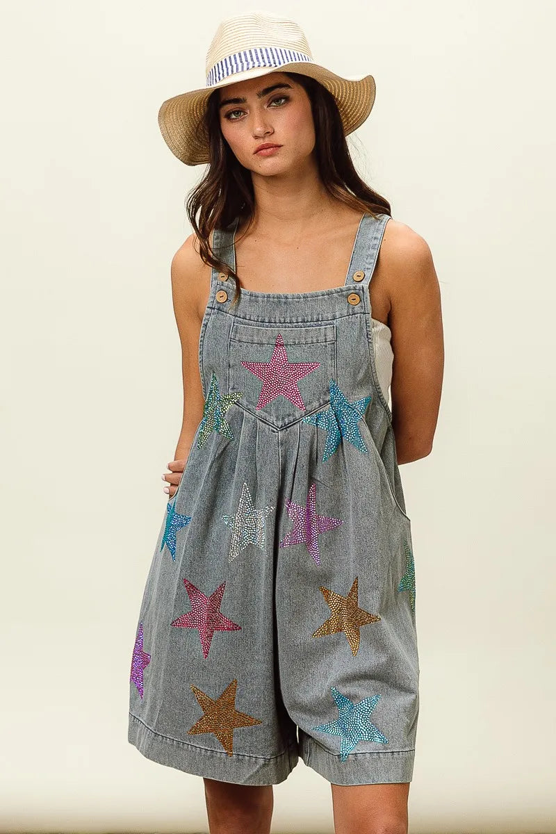 BiBi Star Rhinestone Washed Wide Leg Shortalls - Fashorio