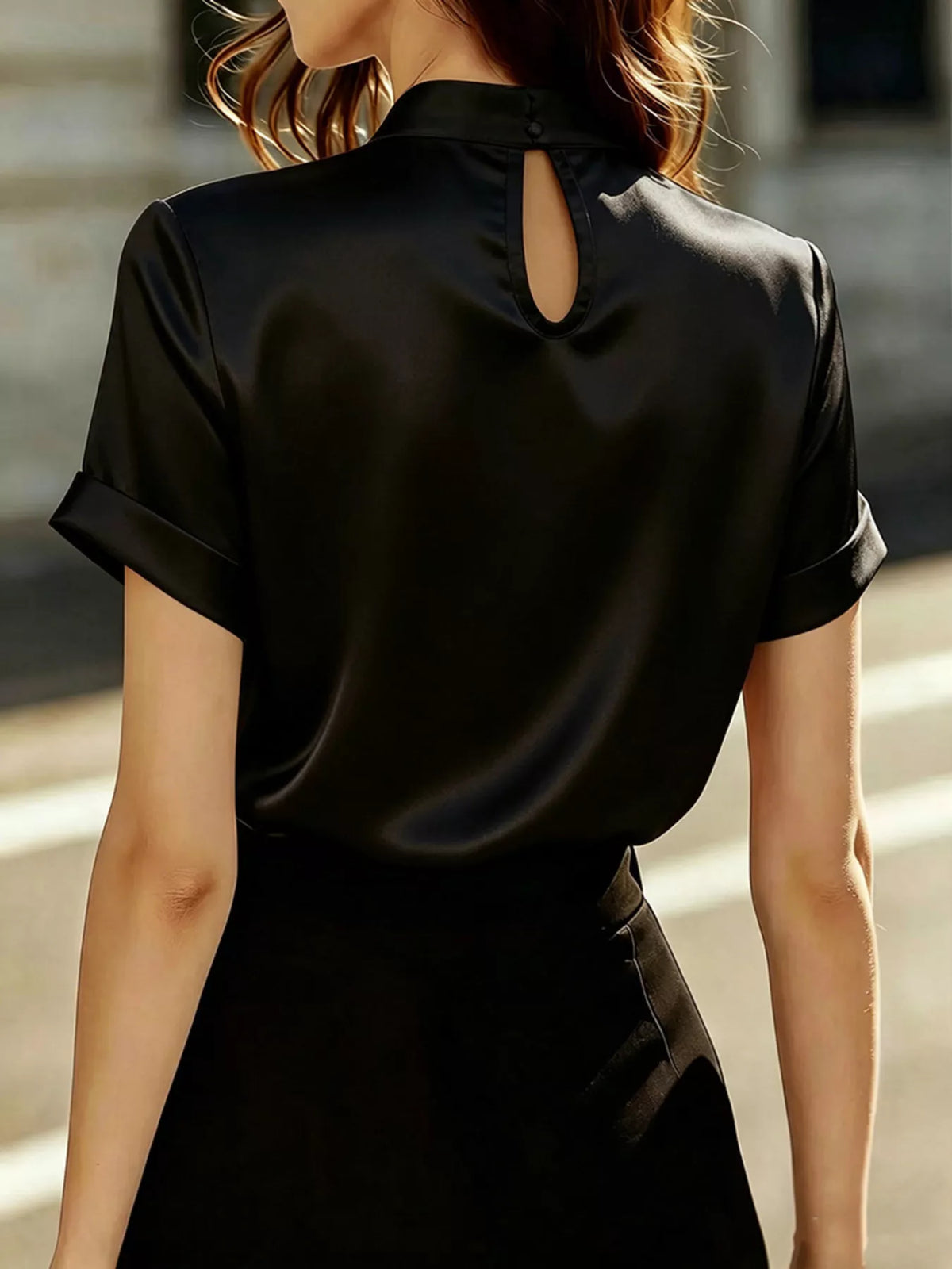 Pearl embellished satin blouse detail view