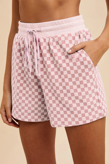 Annie Wear Checkered Round Neck Top and Drawstring Shorts Set - Fashorio