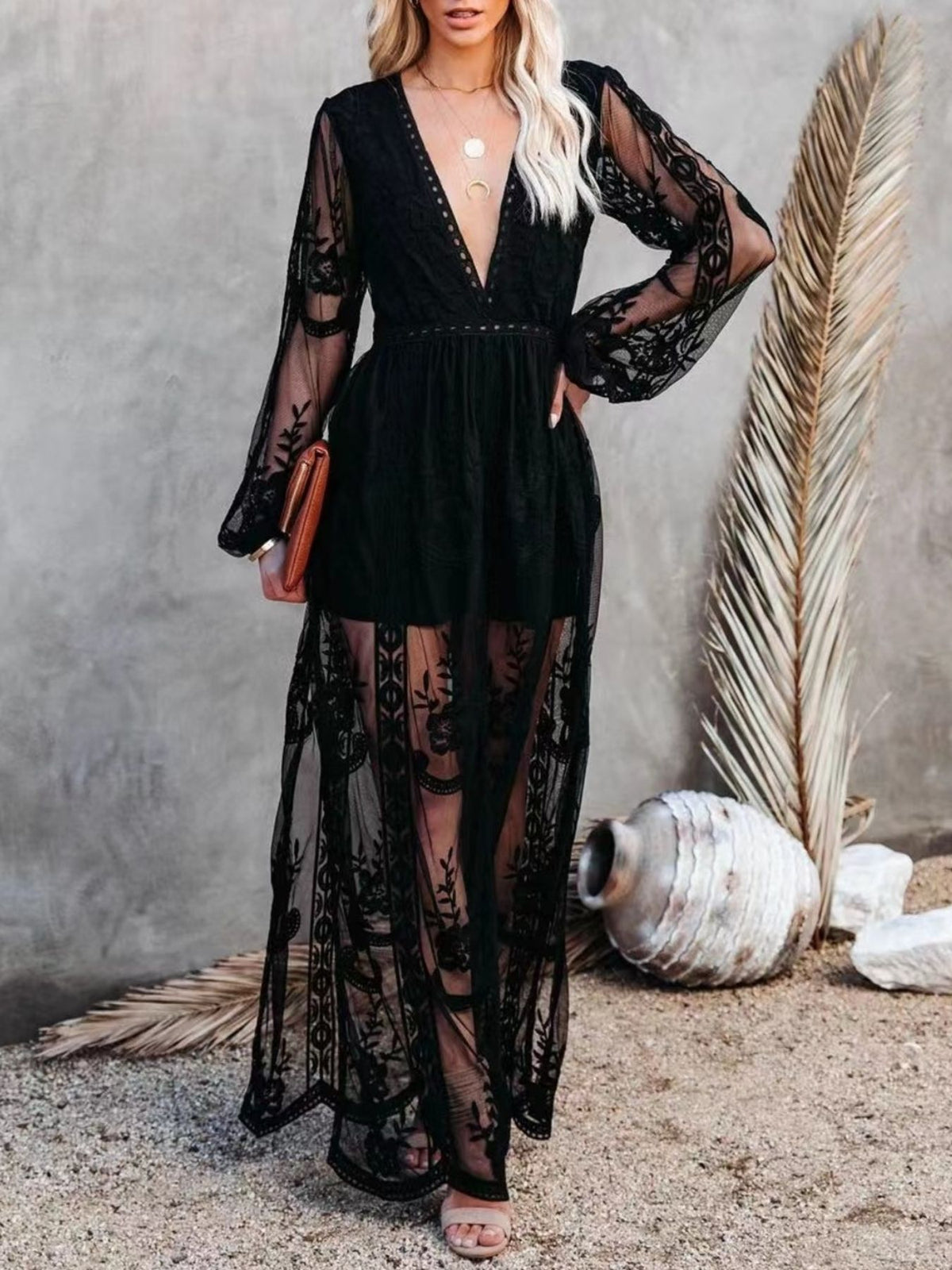 Floral lace slit maxi dress neckline detail
