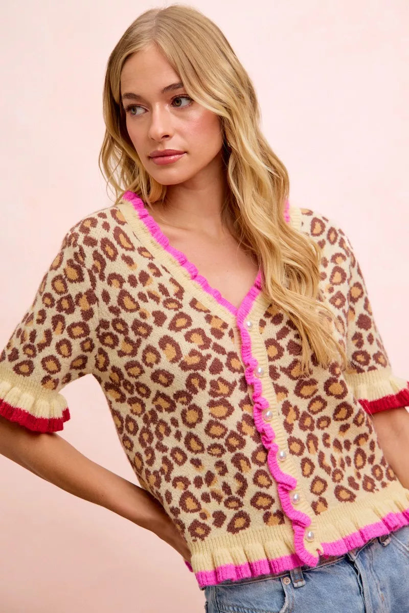 Leopard print ruffled button cardigan front