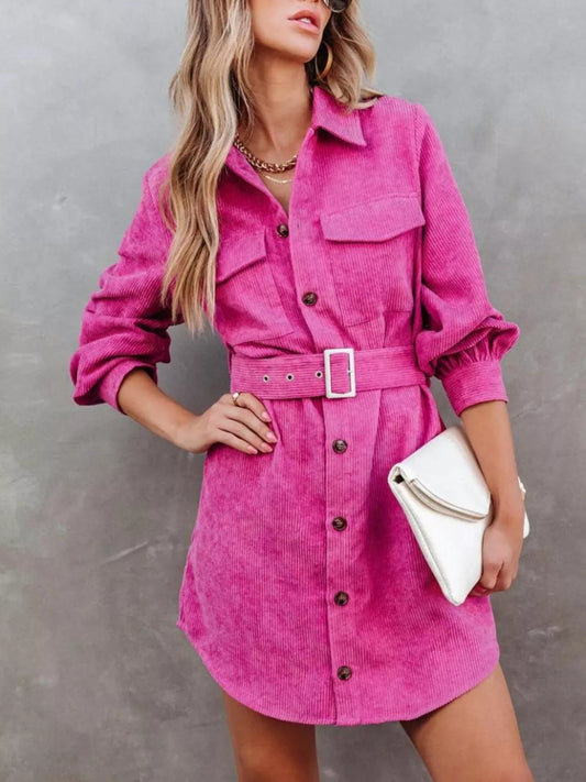 Button Front Belt Long Sleeve Corduroy Dress - Fashorio