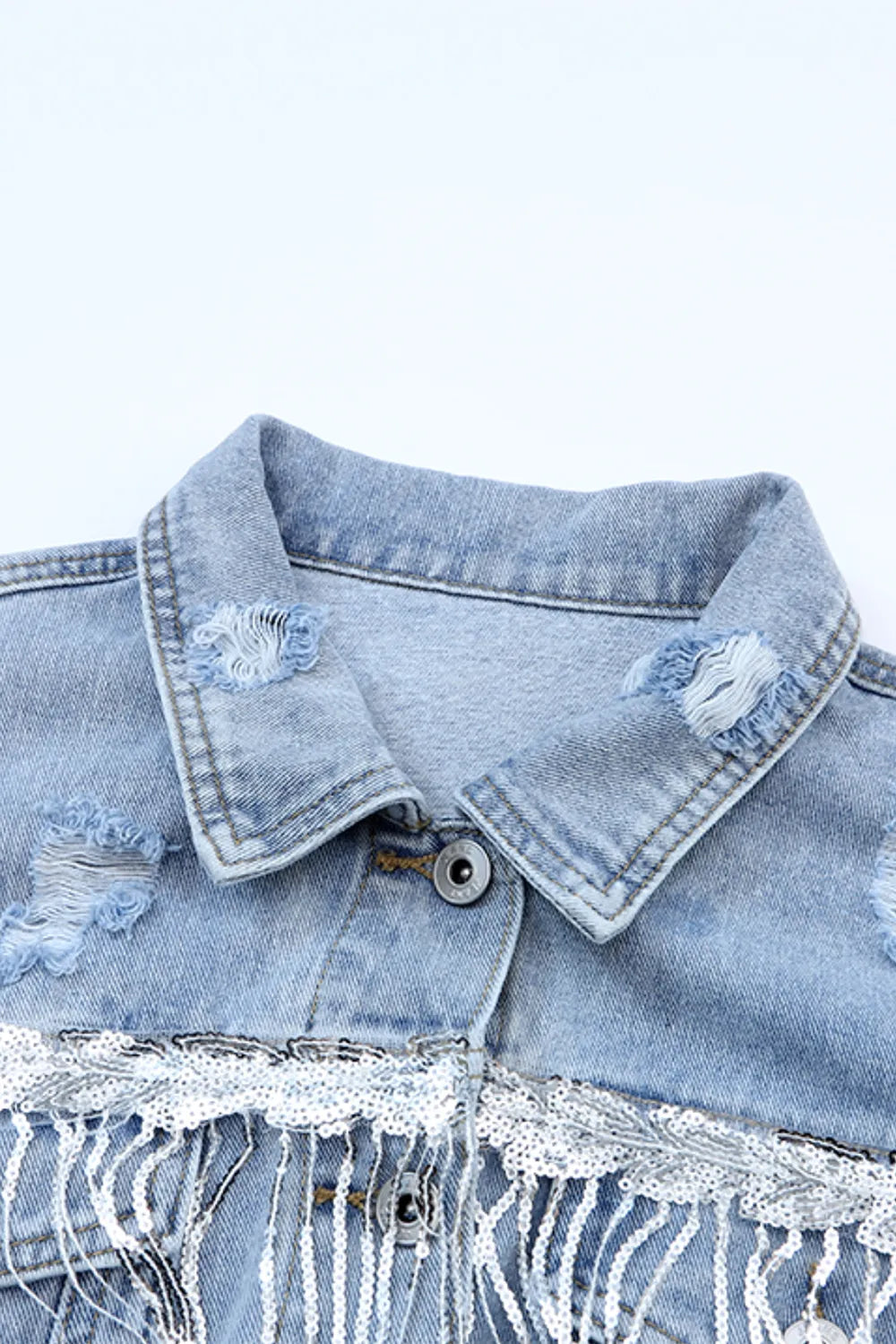 Sequin Fringe Distressed Denim Jacket in Medium Wash close up