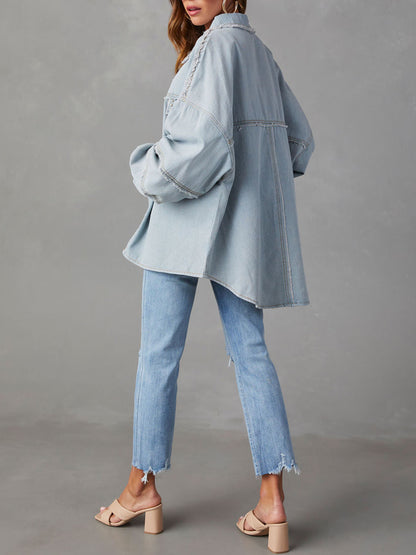 Button Down Raw Hem Denim Jacket - Fashorio