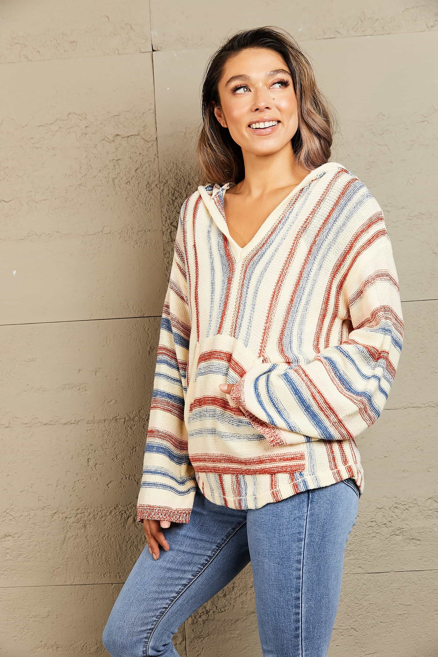 Striped Hooded Sweater with Kangaroo Pocket - Fashorio