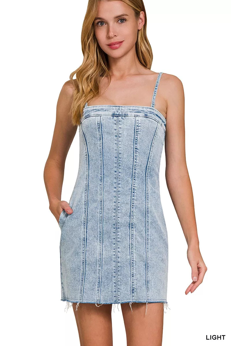 Spaghetti Strap Exposed Seam Dress in Light Wash back view