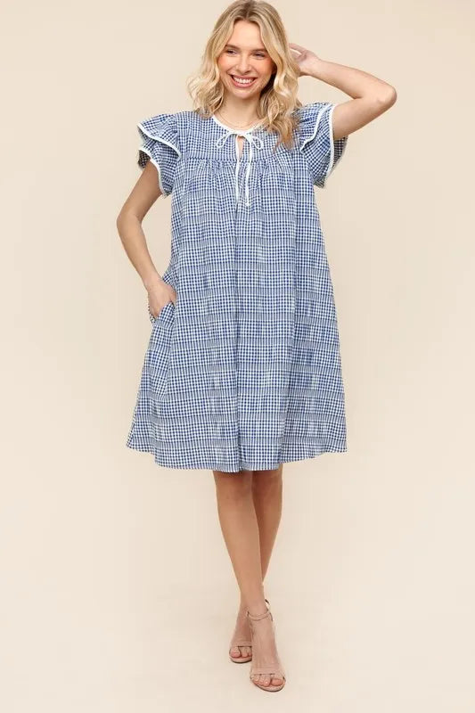 Double Ruffle Sleeve Dress with Pockets in Navy detail