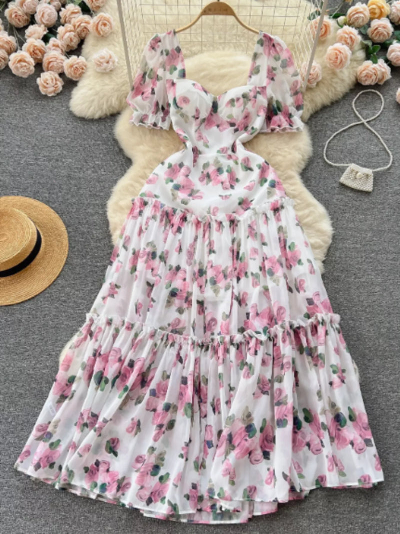 Floral ruffle hem midi dress front view