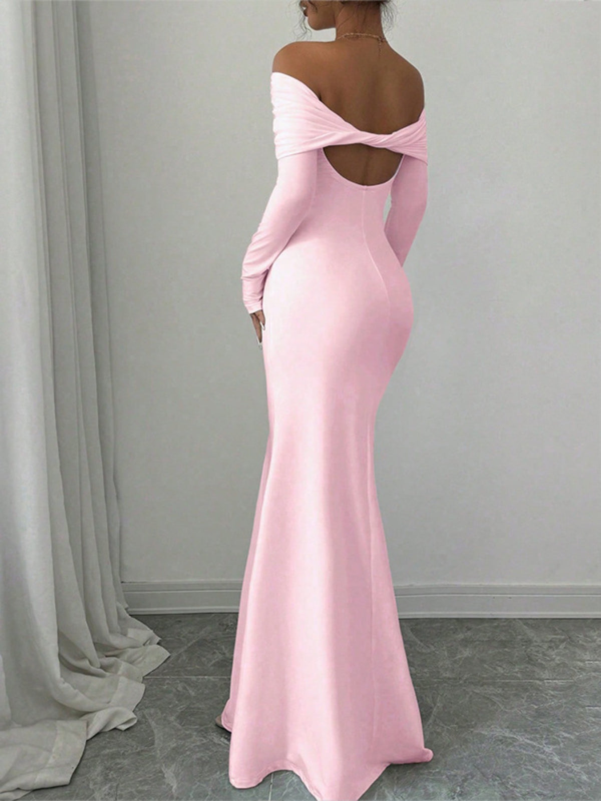 Off shoulder long sleeve dress in blush pink