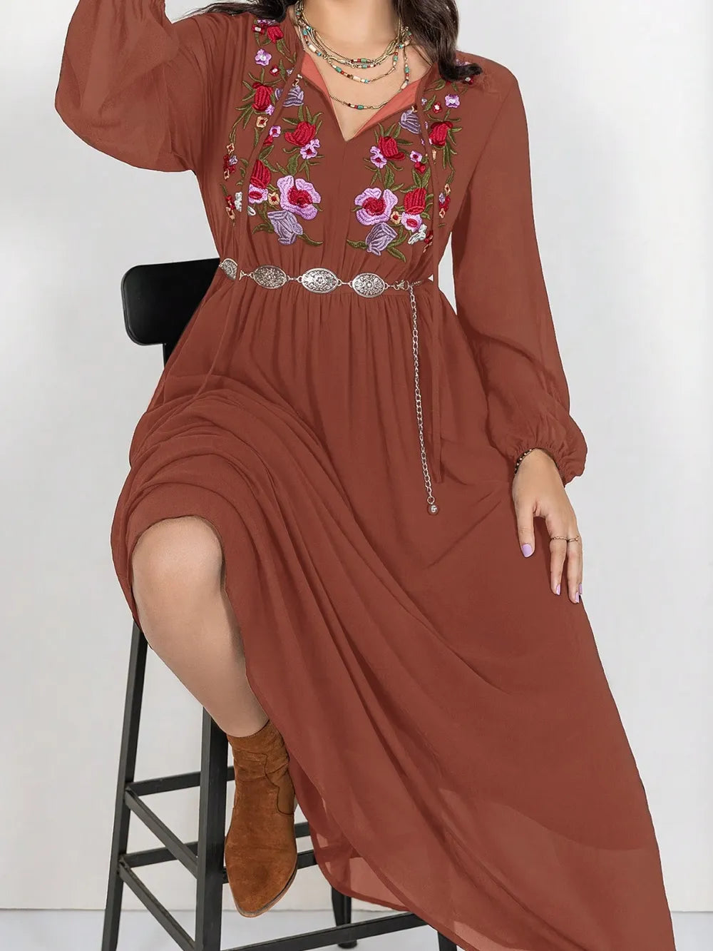 Plus size embroidered tie neck maxi dress in chestnut side view
