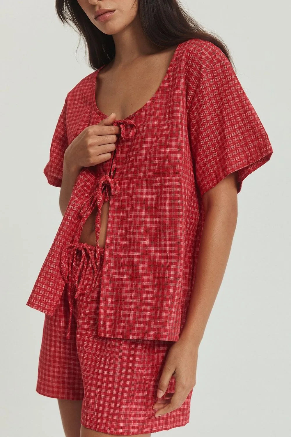 Plaid Tied Scoop Neck Short Sleeve Top and Drawstring Shorts Set view 7