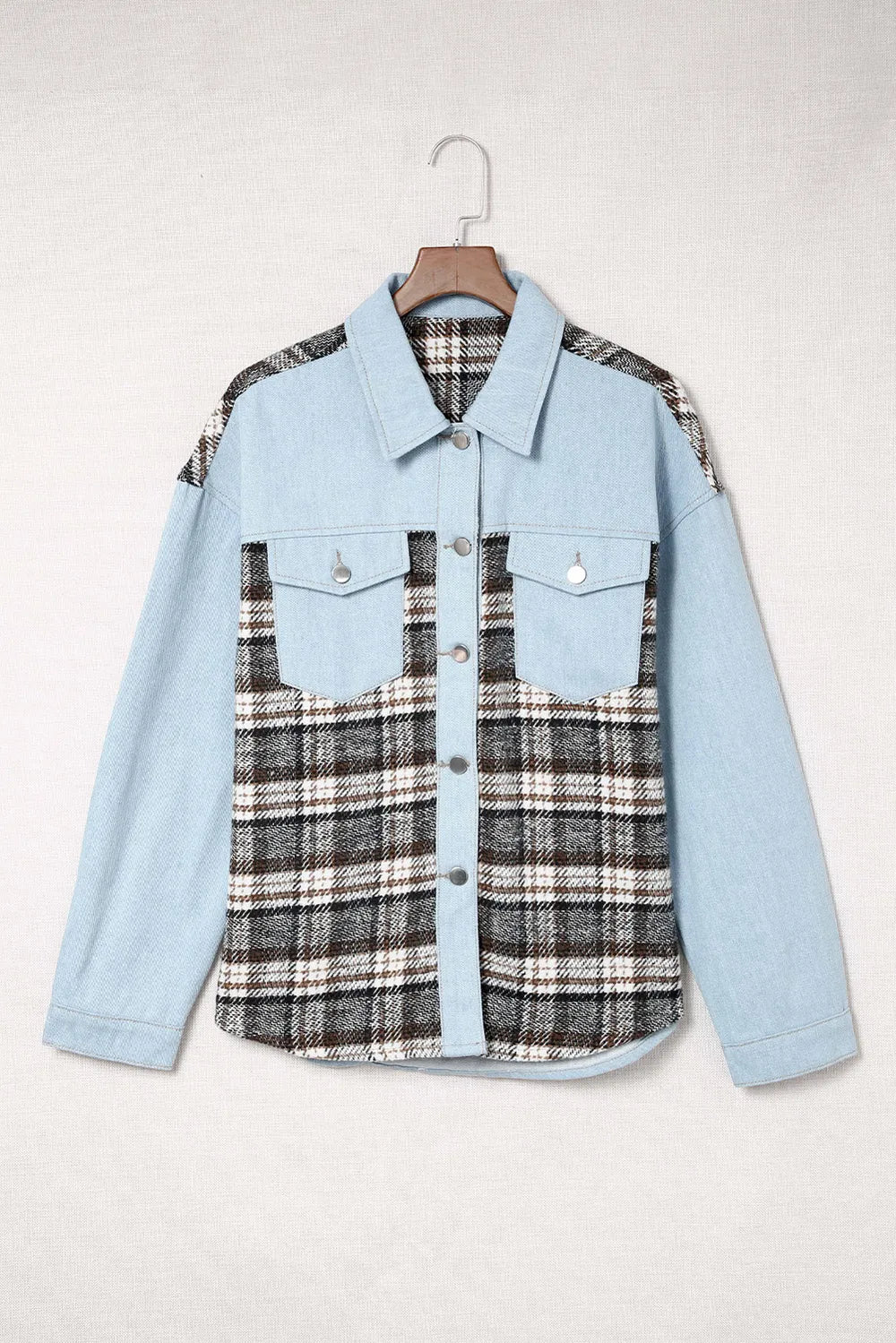 Plaid Pocketed Button Up Denim Jacket - Fashorio