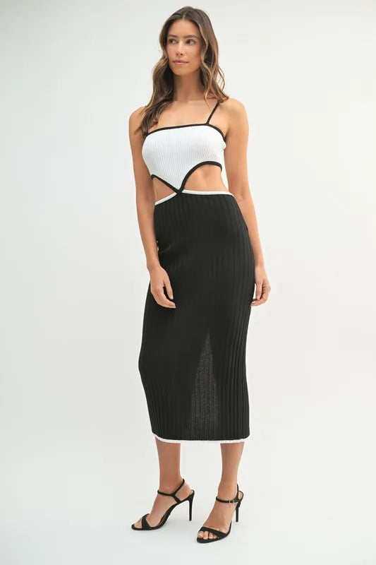 Ribbed Knit Cut Out Color Block Midi Dress in Black detail