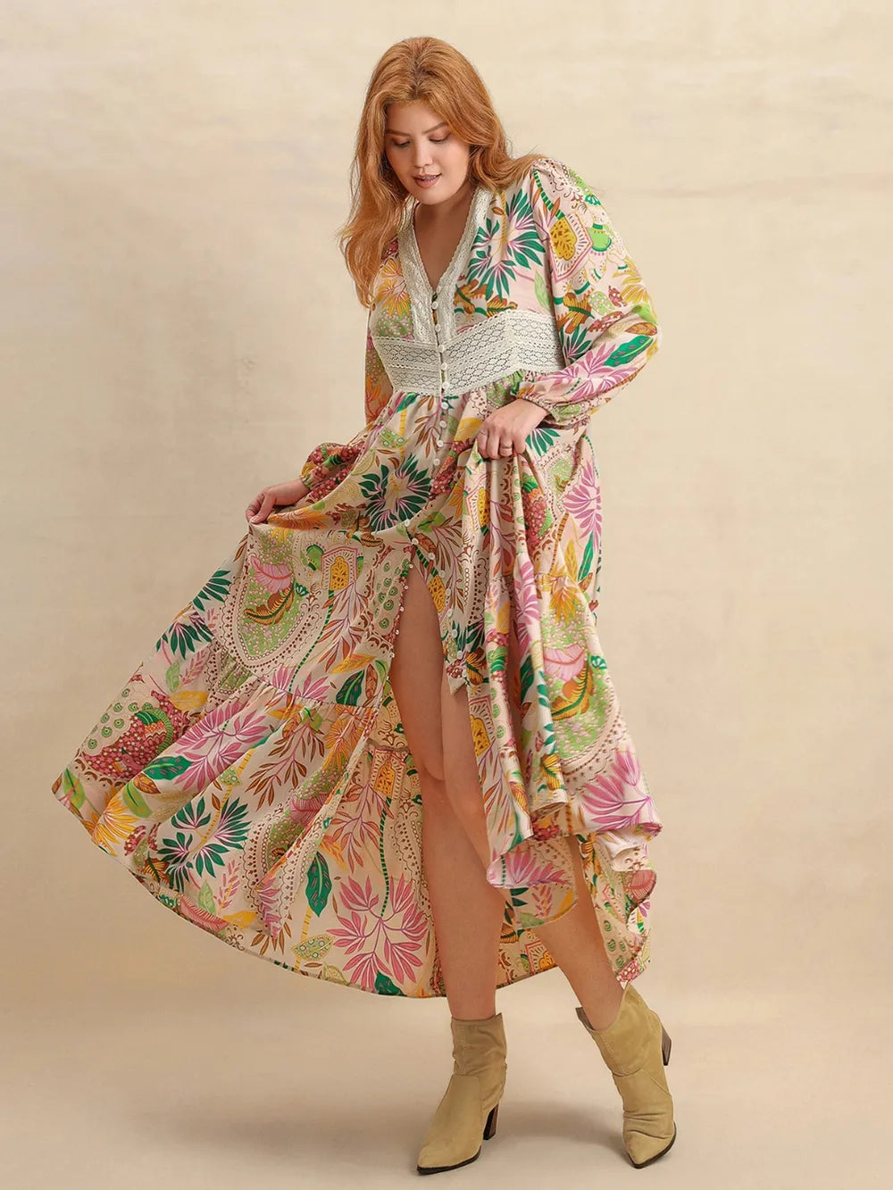 apricot lace printed balloon sleeve plus size maxi dress fabric detail