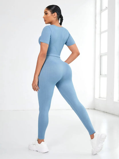 Round Neck Short Sleeve Top and Leggings Active Set - Fashorio