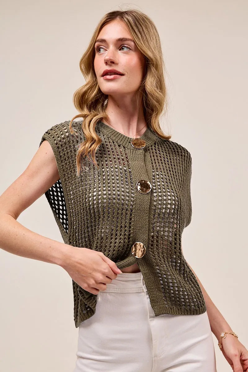 Big Button Openwork Sweater Vest in Mocha