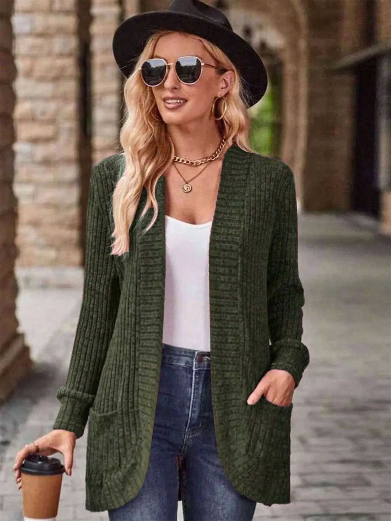 Ribbed Open Front Long Cardigan with Pockets - Fashorio