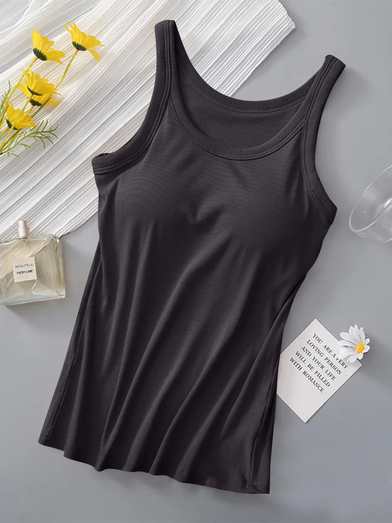 Round neck tank top with built in bra in dark gray front view