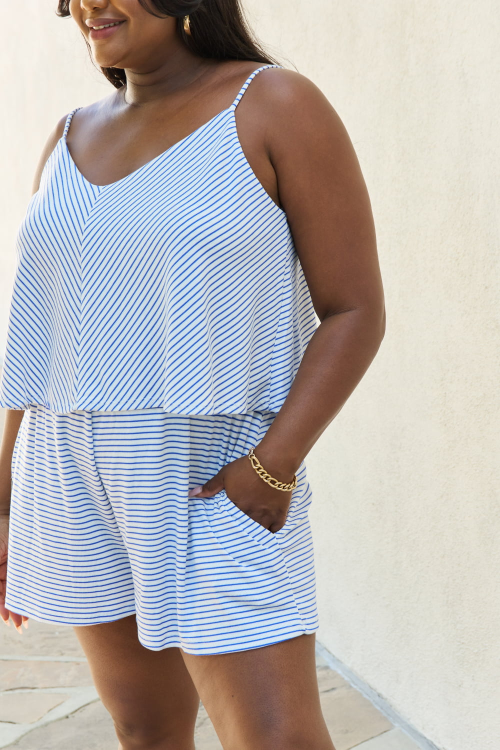 Let It Happen Double Flare Striped Romper in Cobalt Blue styled look