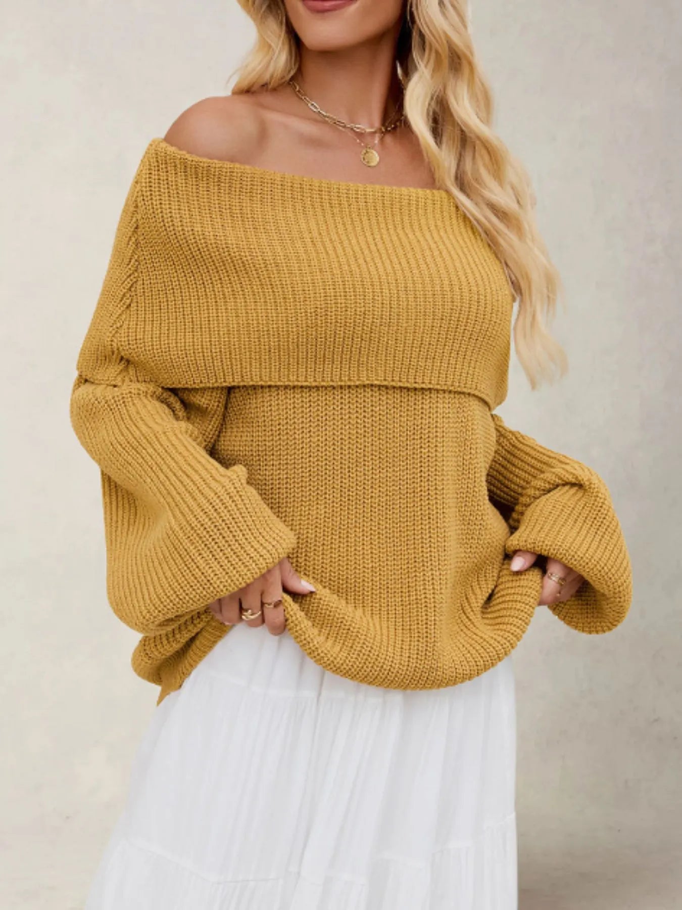 Fold-Over Collar Long Sleeve Sweater - Fashorio