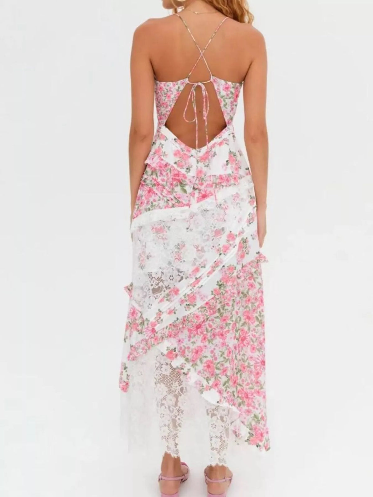 Lace detail ruffled floral v neck maxi dress, detail view 16