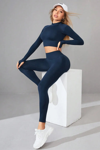 Mock Neck Long Sleeve Top and Pants Active Set - Fashorio