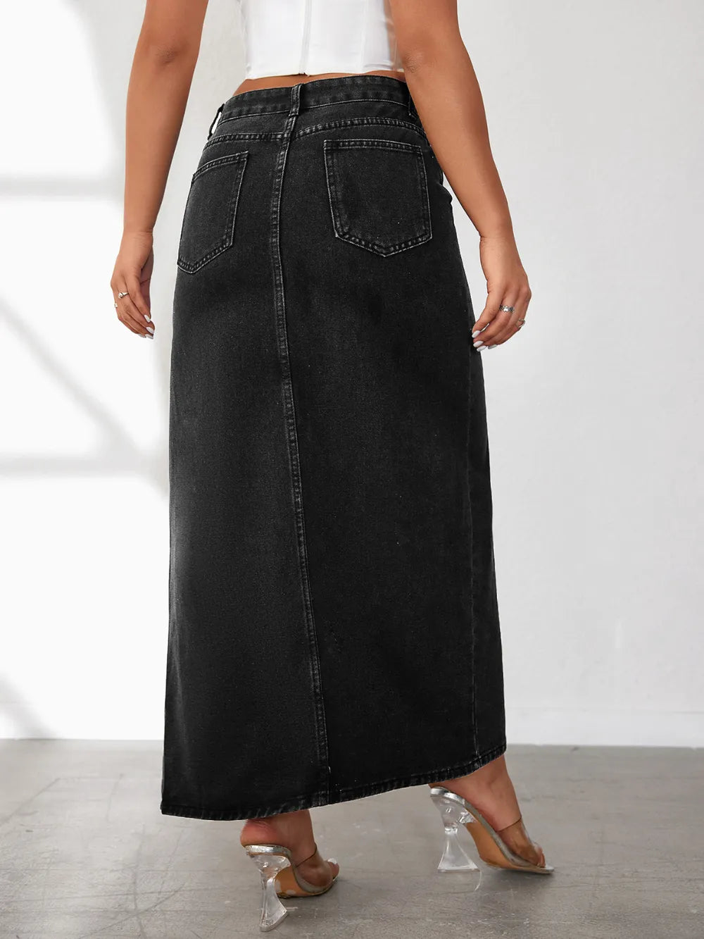 High waist denim skirt back view