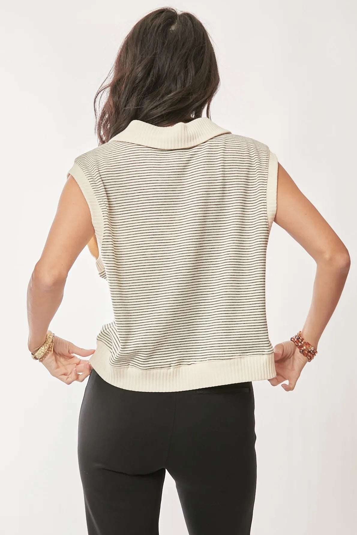 French Terry Striped Boxy Sweater Vest in Cream and Black close up