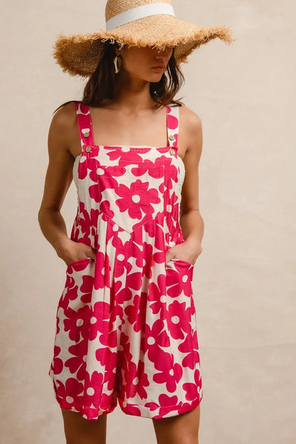 BiBi Floral Prints Tuck Detail Short Overall With Pockets - Fashorio