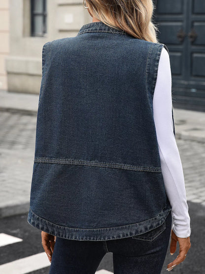 Snap Down Sleeveless Denim Jacket with Pockets - Fashorio
