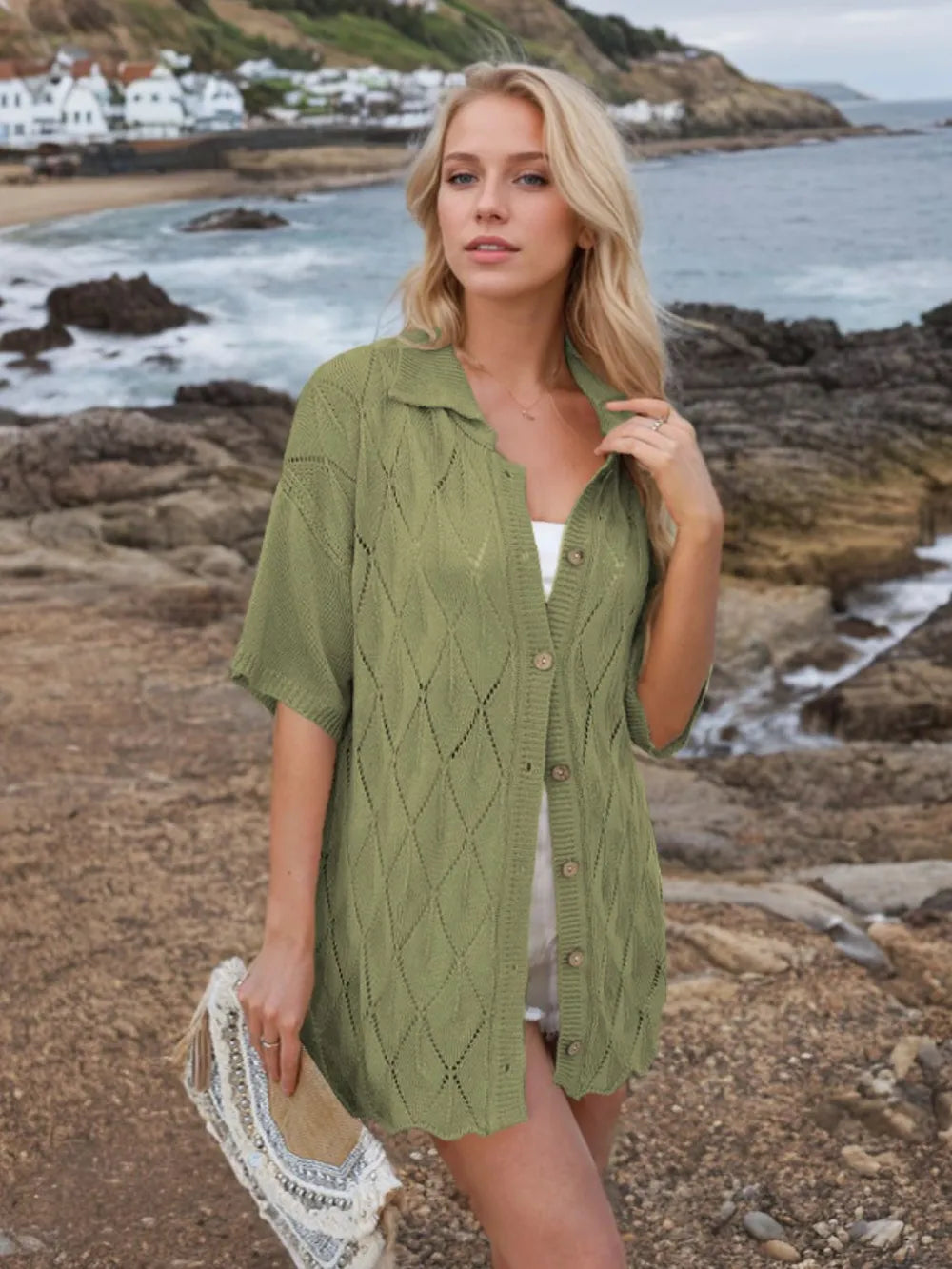 Button Down Eyelet Collared Neck Knit Shirt - Fashorio